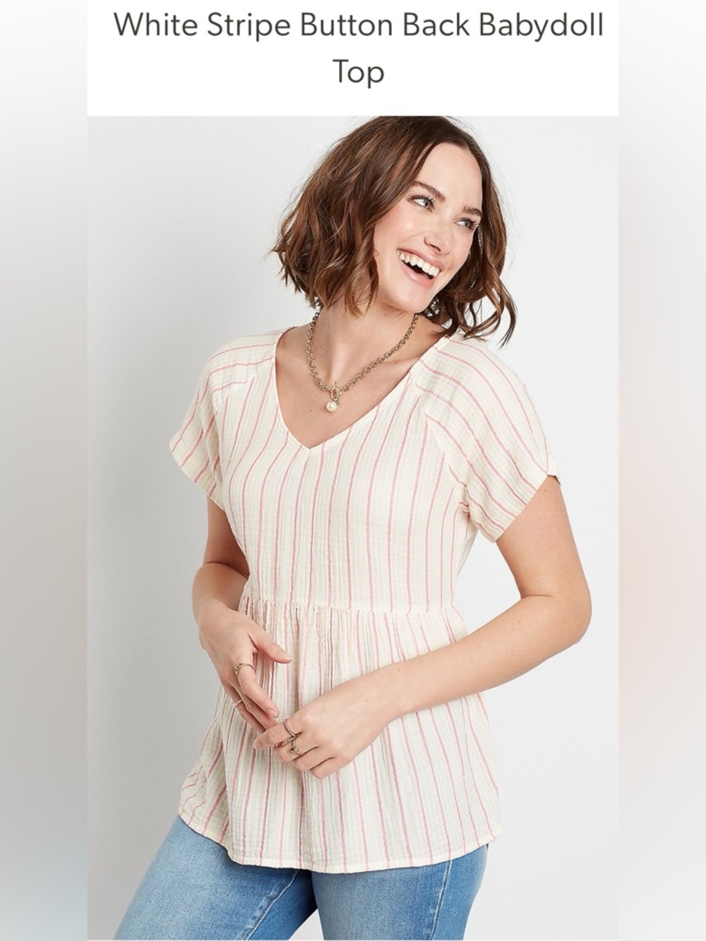Maurices White Stripe Button Back Babydoll Top, Size Large